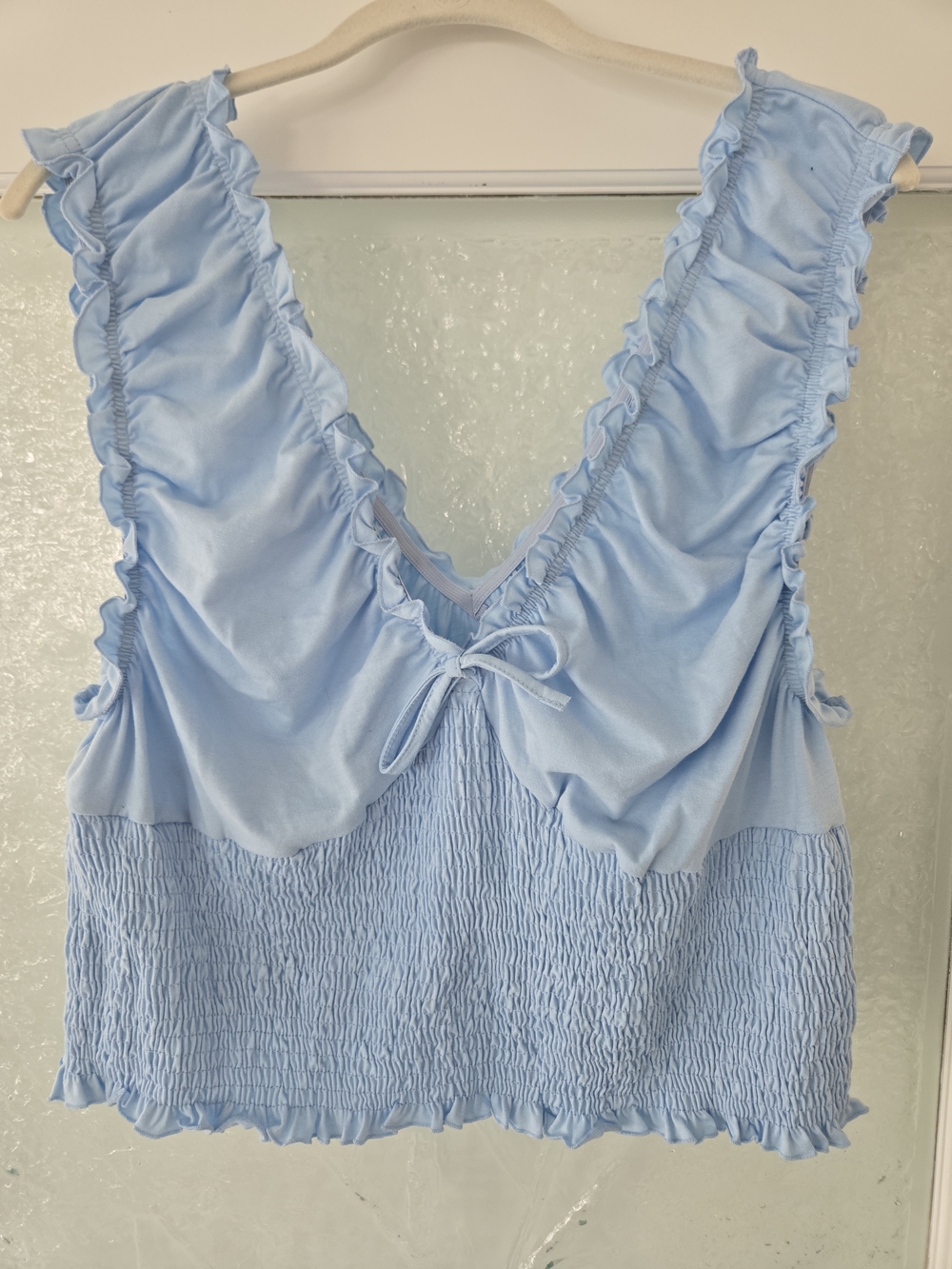 SHEIN Light Blue Ruffle Tie-Front Smocked Tank